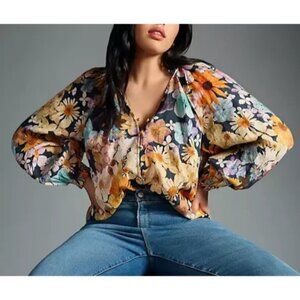 Anthropologie‎ Moxy Collective Linen Blouse Purple Floral ruffled blouson Size S